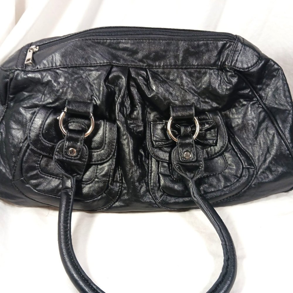 Amici Accessories Black Leather Hobo 2-Handle Shoulder Bag Zip Top